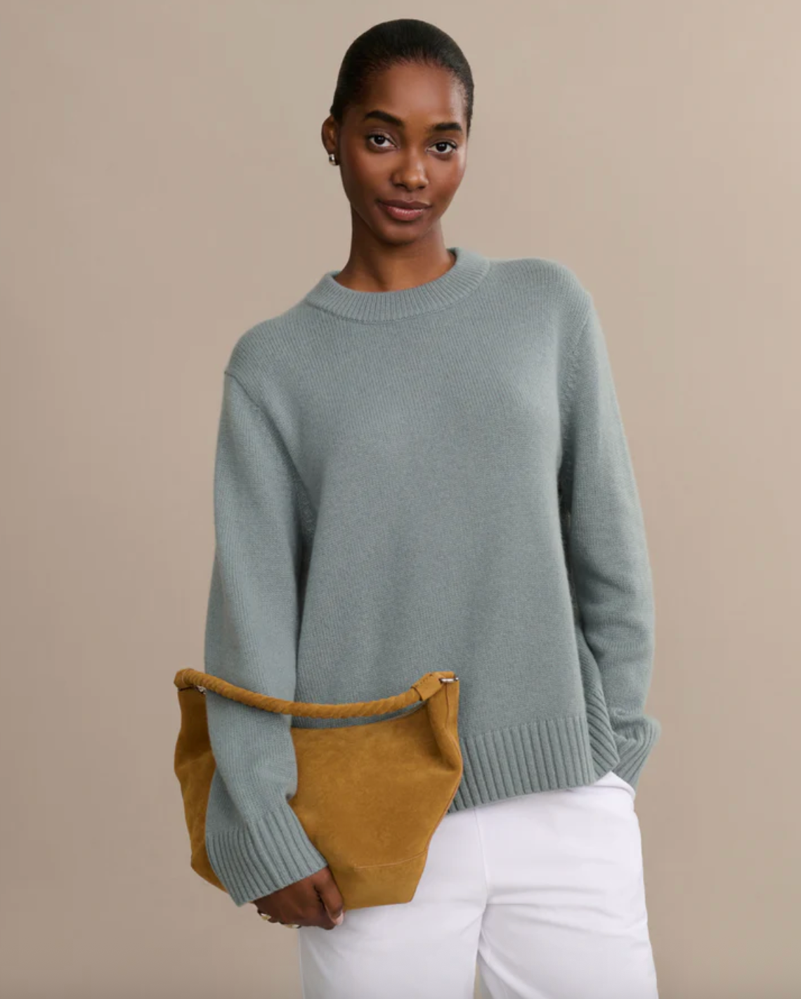 Model wearing cashmere oversized crewneck